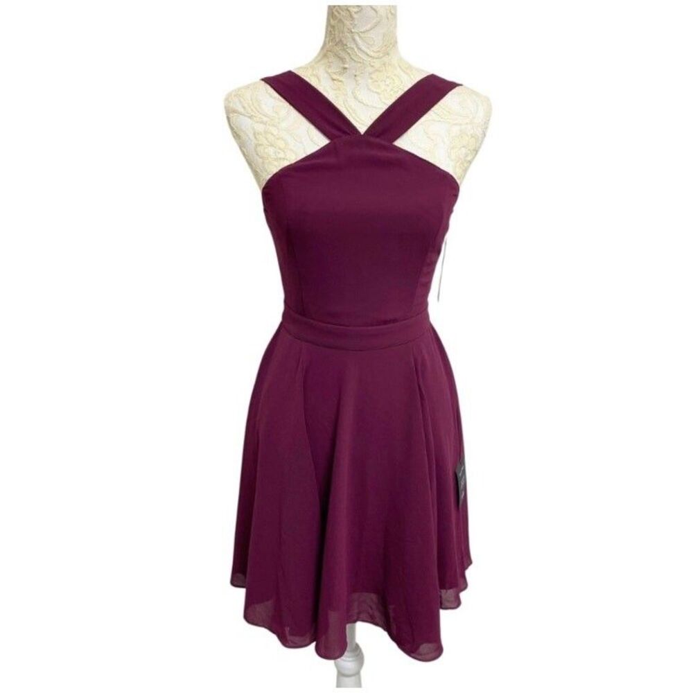 Lulus Forevermore Skater Dress Women XS Burgundy Red Halter Bridesmaid Prom
